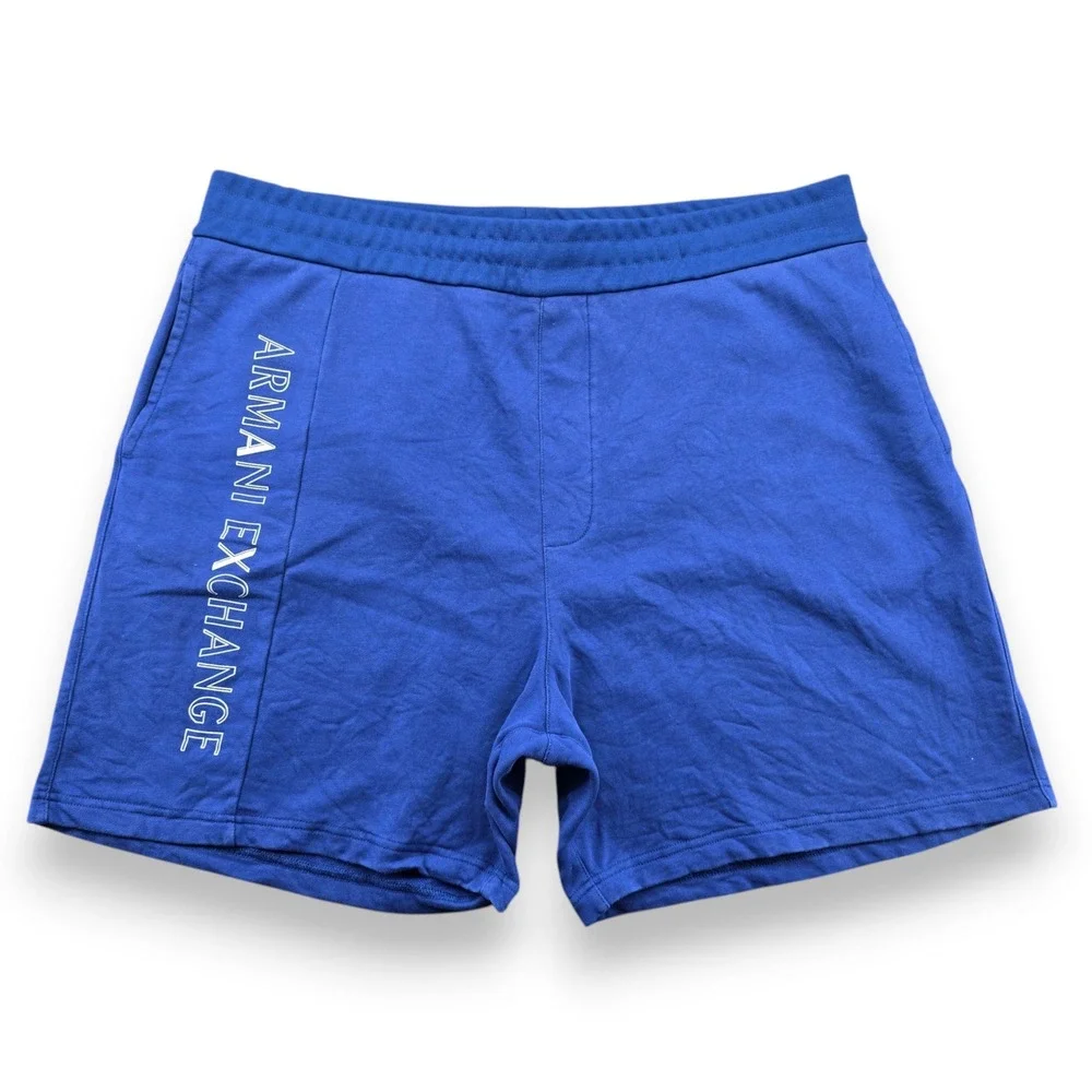 Armani Exchange Mens L Logo Sweat Shorts Blue Cotton Drawstring Pockets 6